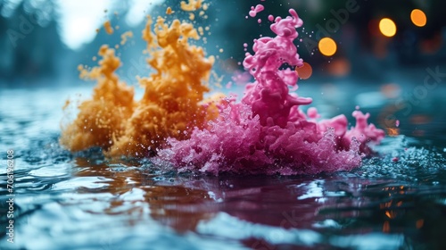  a mixture of colored powder splashing into a pool of water on a rainy day with street lights in the background.