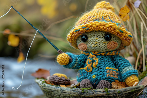 An illustration of a knitted fisherman, complete with a tiny fishing rod and a knitted boat.