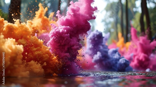  a group of colored smokes floating in the air next to a body of water with trees in the background.