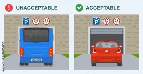 Unacceptable and acceptable car height, width to enter parking garage. Back view of a bus and sedan car entering the garage. Flat vector illustration template.