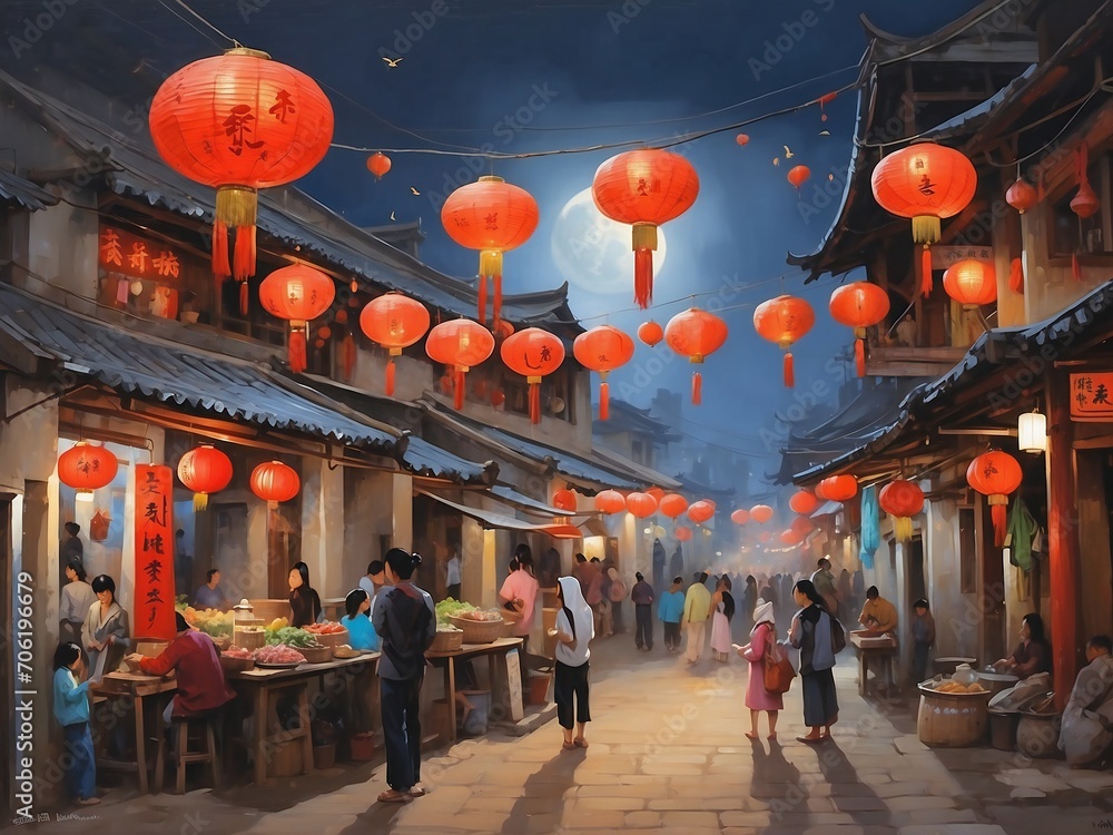 traditional chinese night market illustration, design for poster, banner, flyer. ai generative design. - obrazy, fototapety, plakaty 