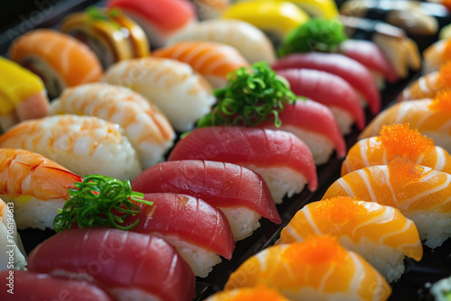 A vibrant array of sushi, each piece meticulously crafted with fresh, local Japanese ingredients