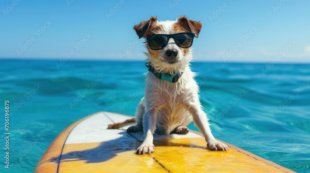  a dog wearing sunglasses sitting on top of a surfboard in the middle of the ocean on a sunny day.