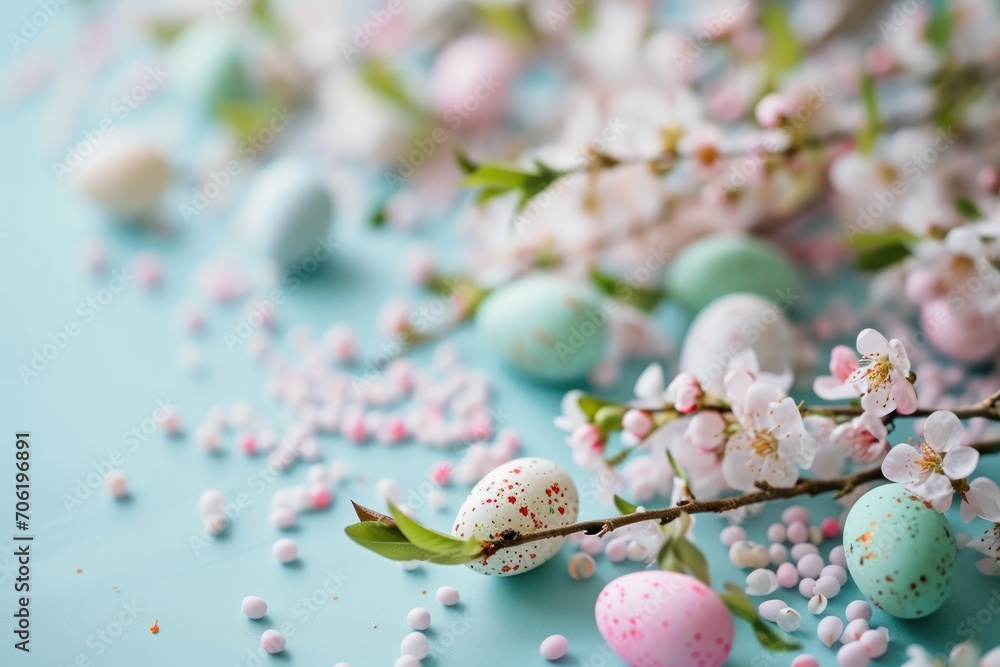  a bunch of eggs sitting on top of a table next to a branch with flowers and speckled eggs on it.