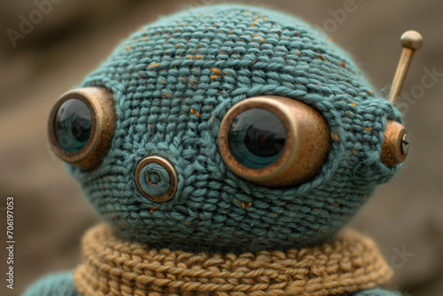 An image of a knitted robot, with intricate details and metallic-colored yarn.