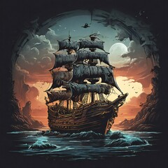 Fototapete Nautischer Stil Piratenschiff Illustration im Grunge-Stil  © Firly