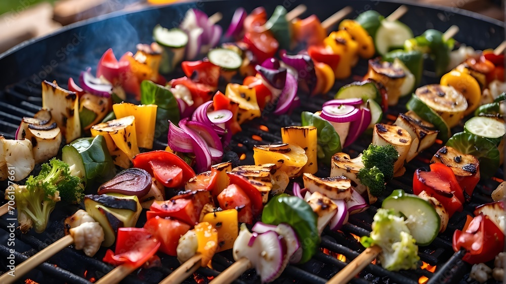 shish kebab on skewers A colorful array of Vegetable skewers sizzling on the barbecue
shish kebab on skewer
shish kebab on skewers on grill