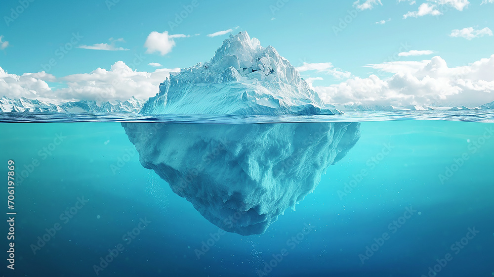 Iceberg in clear blue water and hidden danger under water. Iceberg - Hidden Danger And Global Warming Concept. Floating ice in ocean. Copyspace for text and design. Made with generative ai Iceberg in clear blue water and hidden danger under water. Iceberg - Hidden Danger And Global Warming Concept. Floating ice in ocean. Copyspace for text and design. Made with generative ai