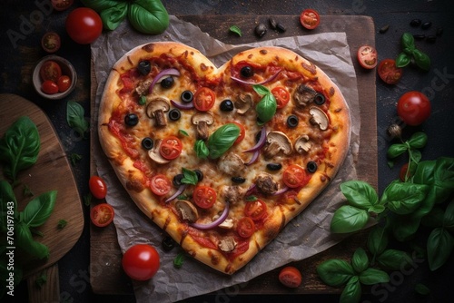 heart-shaped pizza on table, seen from above. Generative AI
