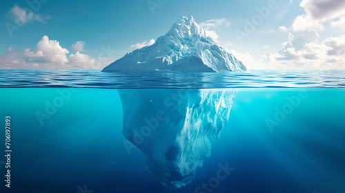 Iceberg in clear blue water and hidden danger under water. Iceberg - Hidden Danger And Global Warming Concept. Floating ice in ocean. Copyspace for text and design. Made with generative ai © Farid