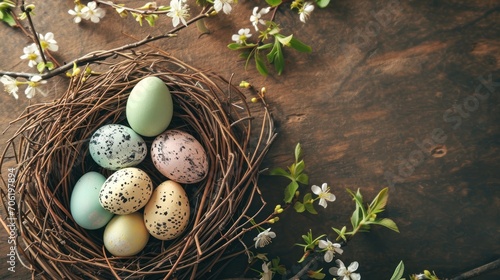  a bird's nest filled with eggs sitting on top of a wooden table next to a branch with white flowers.