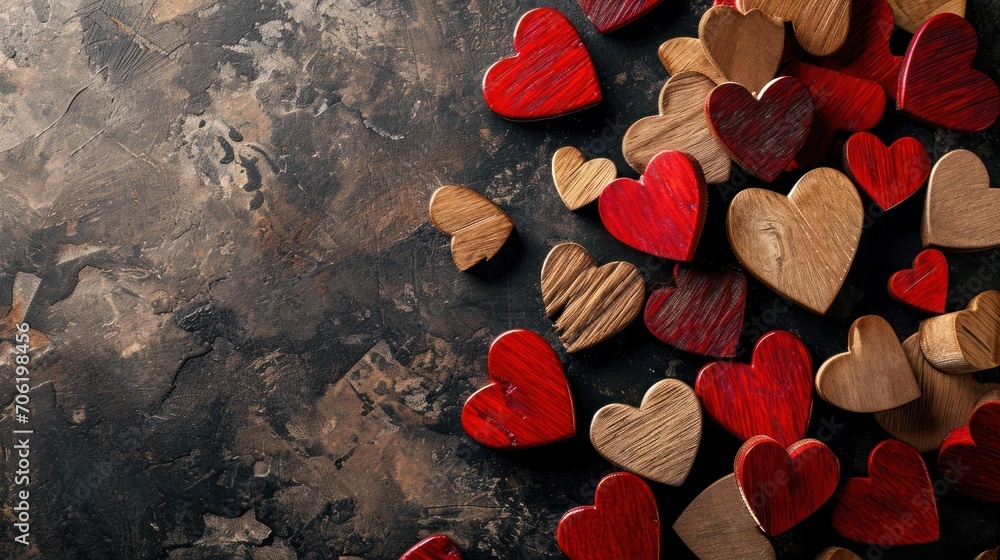 a group of wooden hearts sitting on top of a black table next to a piece of paper with a heart cut out of it. a group of wooden hearts sitting on top of a black table next to a piece of paper with a heart cut out of it.