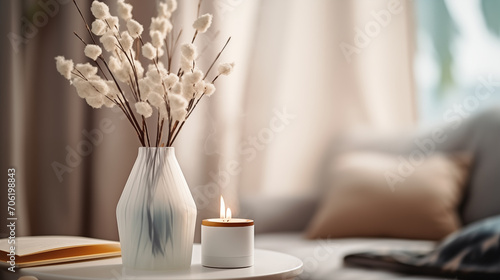Soothing Atmosphere with Candle and Fluffy Dry Flowers for Luxury Beauty, Cosmetic, Skincare, Body Care, Aromatherapy, Spa Product Display Background