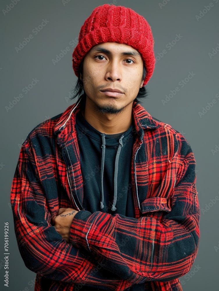 Portrait of a young man wearing a red beanie and a plaid jacket against a gray background. Portrait of a young man wearing a red beanie and a plaid jacket against a gray background.