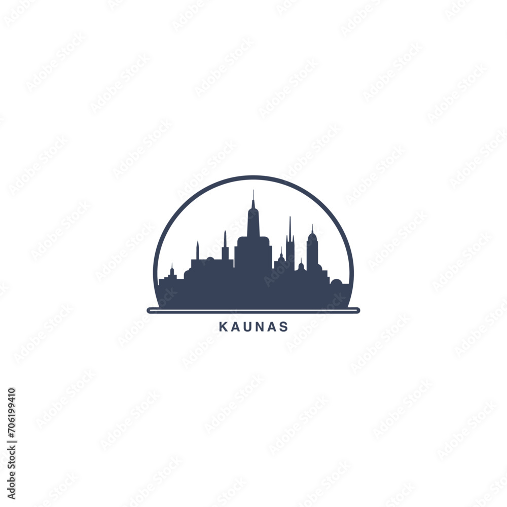 Kaunas cityscape skyline city panorama vector flat modern logo icon. Lithuania emblem idea with landmarks and building silhouettes. Isolated black shape graphic