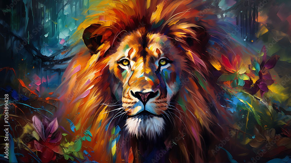 Lion portrait with vibrant colors and natural elements.,
