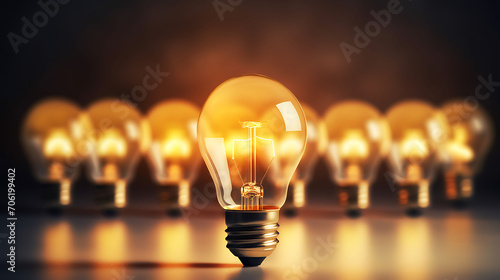 Light bulb idea. light bulb shines next to the extinguished ones. Leadership, inspiration, right decision and energy saving concept.