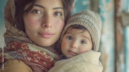 Wrapped in Warmth: Mexican Mother and Baby in Winter Attire