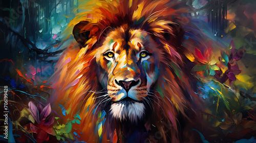 Lion portrait with vibrant colors and natural elements. 