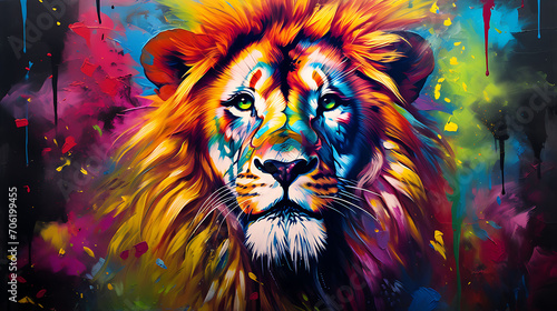 Lion portrait with vibrant colors and natural elements. 