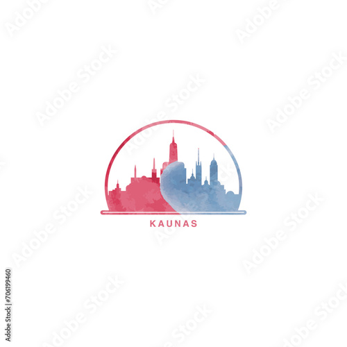 Kaunas watercolor cityscape skyline city panorama vector flat modern logo, icon. Lithuania megapolis emblem concept with landmarks and building silhouettes. Isolated graphic