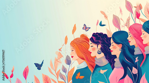 Women s day celebration minimalist banner  march 8  several women faces graphic illustration  horizontal copy space on pastel pink background  generative ai