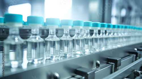 Medical vials on production line at pharmaceutical factory, Pharmaceutical machine working pharmaceutical glass bottles