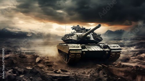 Military or army tank ready to attack moving over a deserted battle field terrain,