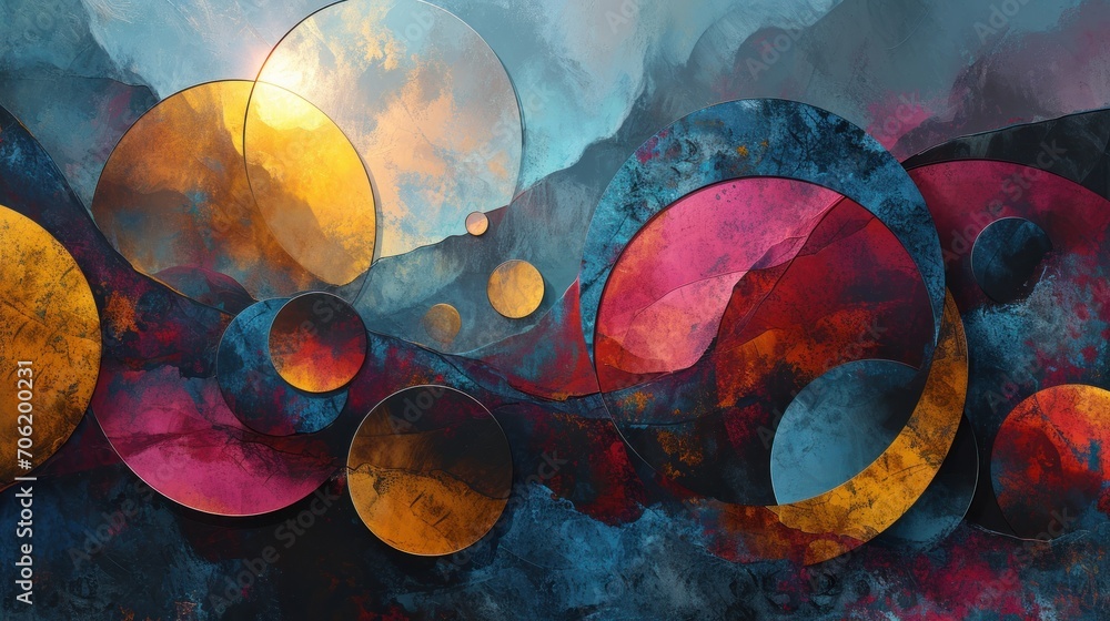 © Shanti - a painting of many circles and shapes on a blue and red background with a yellow center in the middle of the painting.