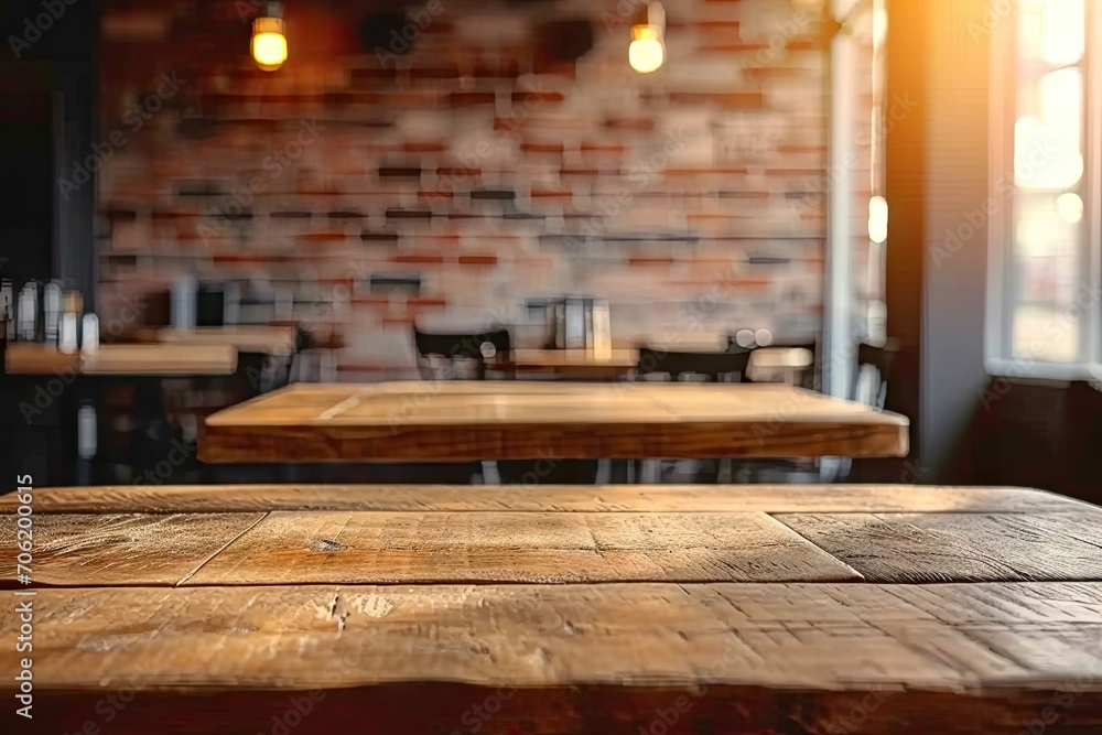 Rustic elegance. Wooden table in cozy cafe interior blurred background creating abstract bokeh effect ideal for showcasing restaurant design and vintage retro vibes Rustic elegance. Wooden table in cozy cafe interior blurred background creating abstract bokeh effect ideal for showcasing restaurant design and vintage retro vibes