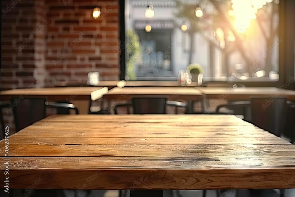 Rustic elegance. Wooden table in cozy cafe interior blurred background creating abstract bokeh effect ideal for showcasing restaurant design and vintage retro vibes Rustic elegance. Wooden table in cozy cafe interior blurred background creating abstract bokeh effect ideal for showcasing restaurant design and vintage retro vibes
