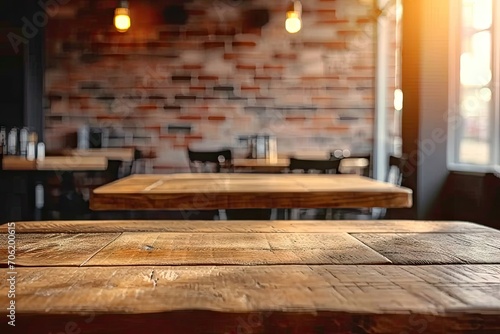 Rustic elegance. Wooden table in cozy cafe interior blurred background creating abstract bokeh effect ideal for showcasing restaurant design and vintage retro vibes