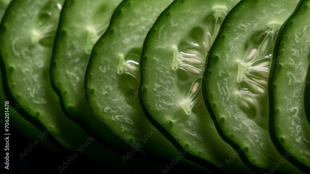 Top view, close up of horizontally arranged slices of fresh cucumber. vegetable texture background. Top view, close up of horizontally arranged slices of fresh cucumber. vegetable texture background.