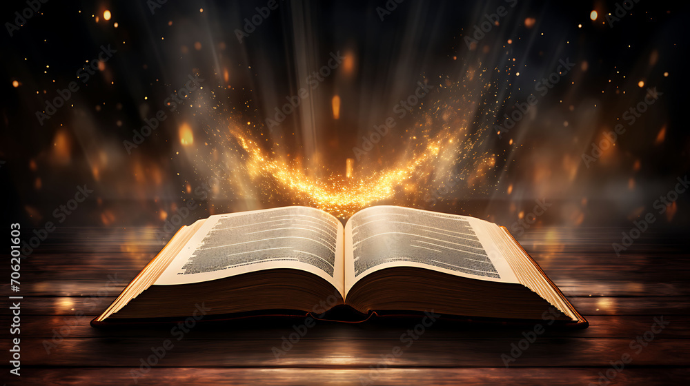 Open book Bible on wooden desk with mystic bright light fantasy light like holy spirit on black bokeh background magic poster Open book Bible on wooden desk with mystic bright light fantasy light like holy spirit on black bokeh background magic poster