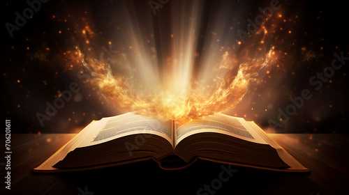 Open book Bible on wooden desk with mystic bright light fantasy light like holy spirit on black bokeh background magic poster