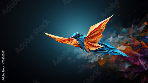 Out Of Nowhere concept of birth or rebirth as an origami bird emerging from a flat paper as a symbol of creativity and metamorphosis as a business success and an icon of change