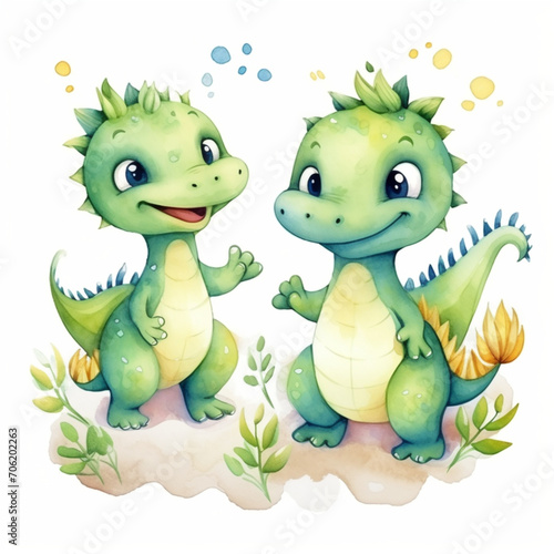 Pair of Happy Cartoon Dinosaur Friends Watercolor Illustration