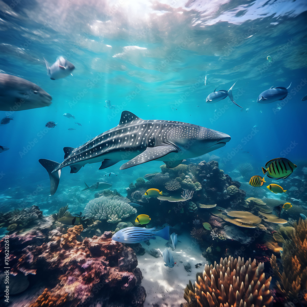 Fototapeta premium Panorama background of beautiful coral reef with marine tropical fish. Whale shark, Hammerhead shark, Zebra shark and sea turtle visited here