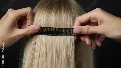 Close-up of a hairdresser cutting the hair of a blonde woman on a black background. Small business in the service sector, job, hobby, profession concepts.