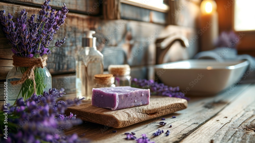 a bar of soap sitting on top of a wooden table next to a bowl of lavenders and a bottle of lavender oil. a bar of soap sitting on top of a wooden table next to a bowl of lavenders and a bottle of lavender oil.