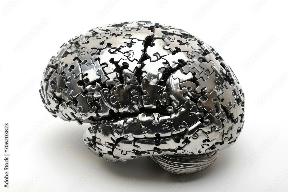 Brain from metallic puzzle on white background Brain from metallic puzzle on white background