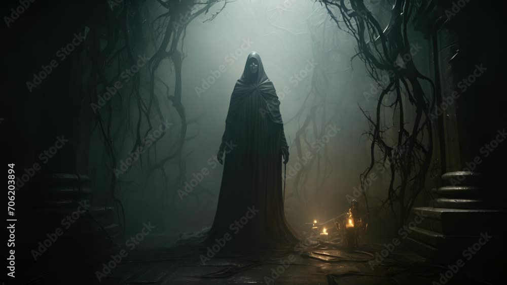 A tall looming creature cloaked in shadows creeps out of the fog its long fingers curling around the sides of a decaying crypt. A tall looming creature cloaked in shadows creeps out of the fog its long fingers curling around the sides of a decaying crypt.