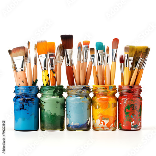 Row Of Messy Colorful Paint Brushes And Containers On Isolated White Background Creativity Concept