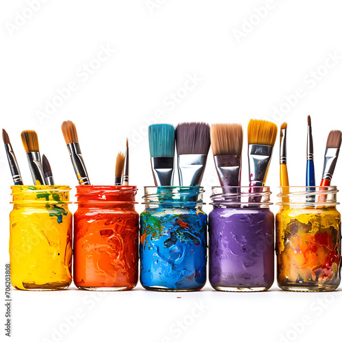 Row Of Messy Colorful Paint Brushes And Containers On Isolated White Background Creativity Concept