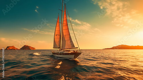 Sailing yacht in the sea at sunset. Luxury yachts in the ocean at sunset