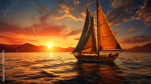 Sailing yacht in the sea at sunset. Luxury yachts in the ocean at sunset
