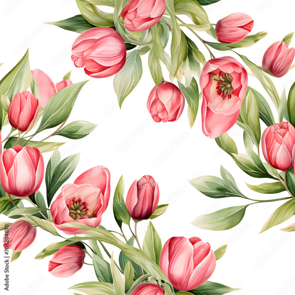 Obraz premium Generative Ai content, watercolor painting of red tulips and green leaves on a white background
