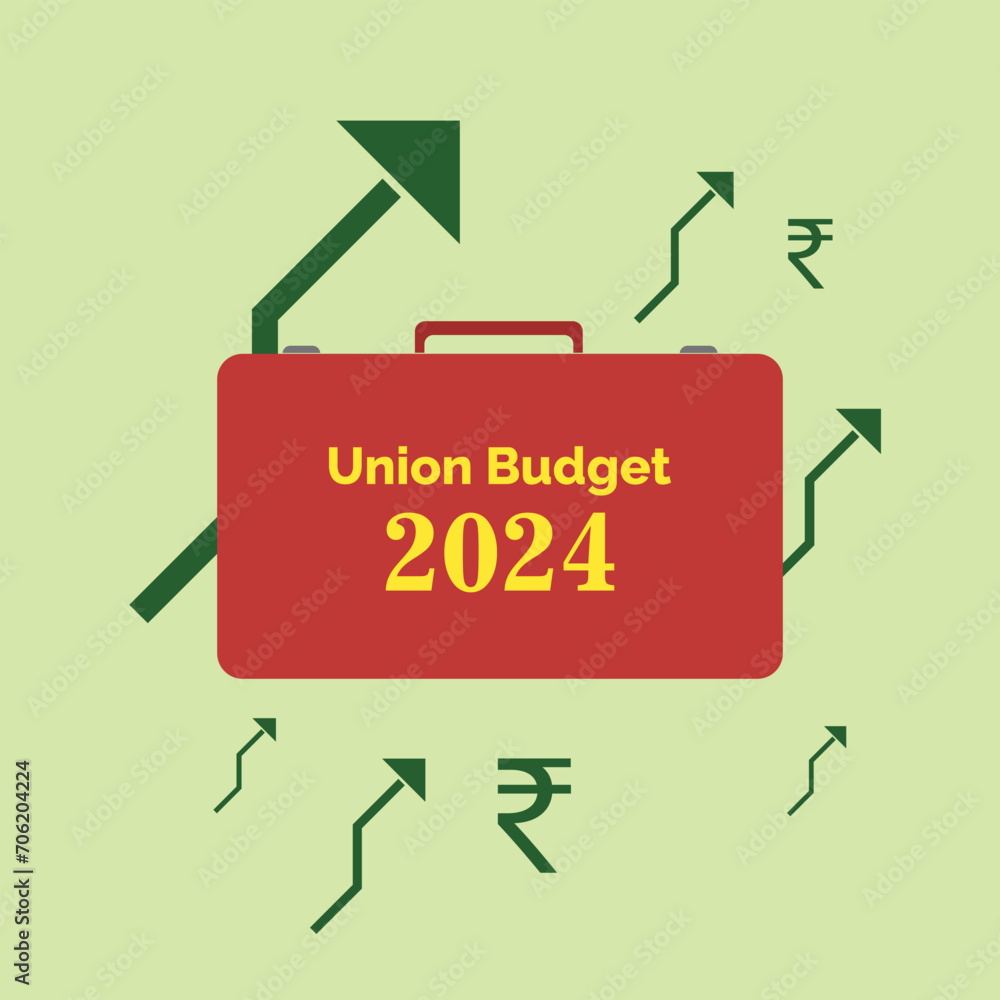 Union Budget 2024 India. Red suitcase and up market arrows with rupee