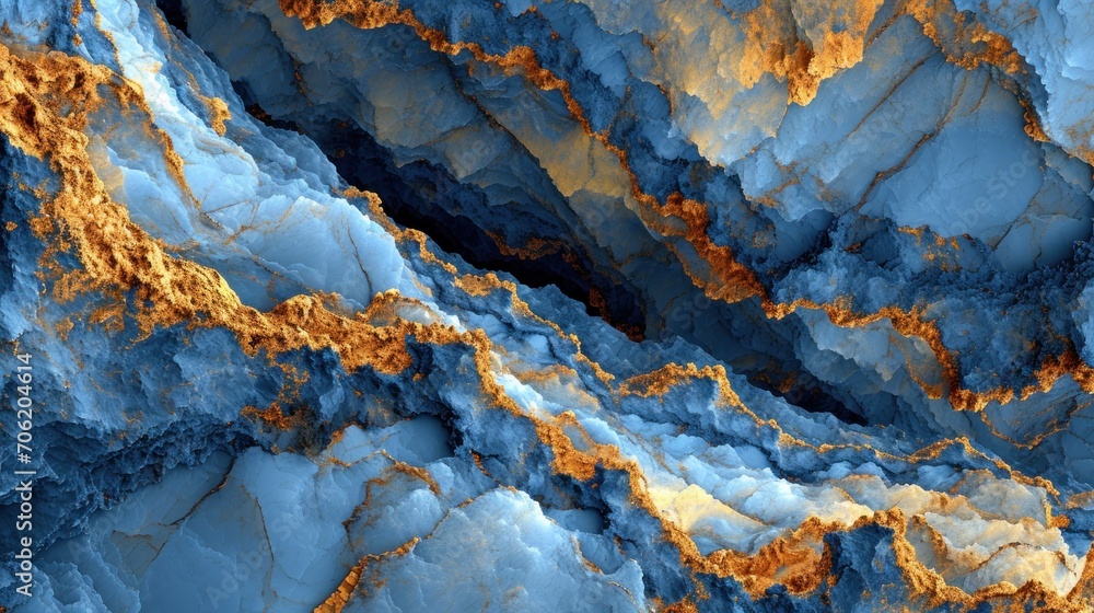 a close up view of a blue and yellow rock formation with orange and yellow streaks on the top of the rocks. a close up view of a blue and yellow rock formation with orange and yellow streaks on the top of the rocks.