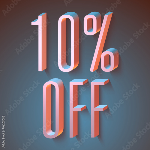 10 percent off, 3d letters on dark background, 3d illustration, graphic and typographic design